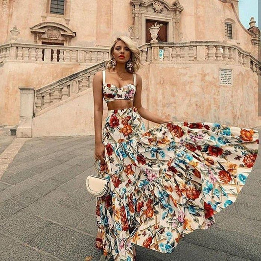 Italy Flowered Skirt Strapy Long Dress