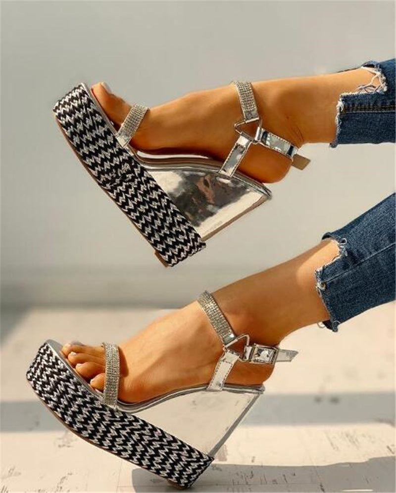 Rhinestone Buckle Wedge Sandals