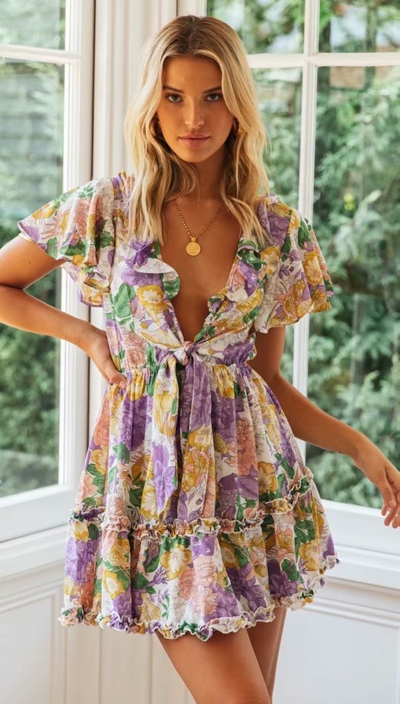 Chiffon Printed Chest Knotted Dress