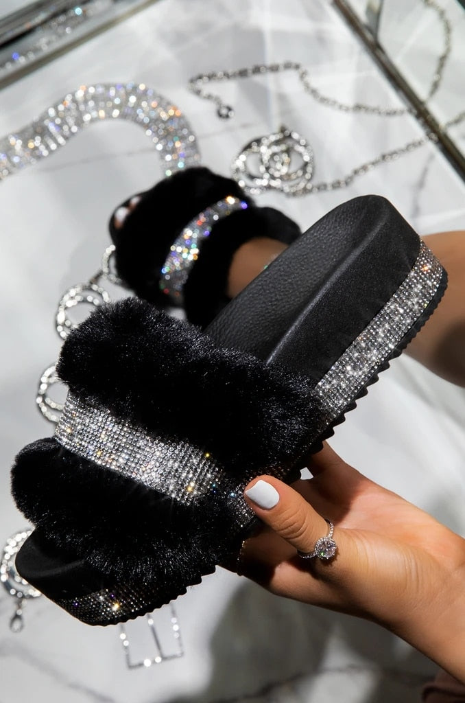 Luxury Designer Fur Rhinestone Platform Slippers/Sliders