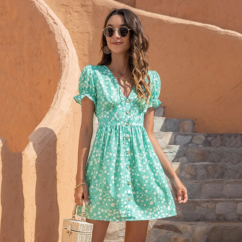 Button up Floral Ruffled Vintage Dress