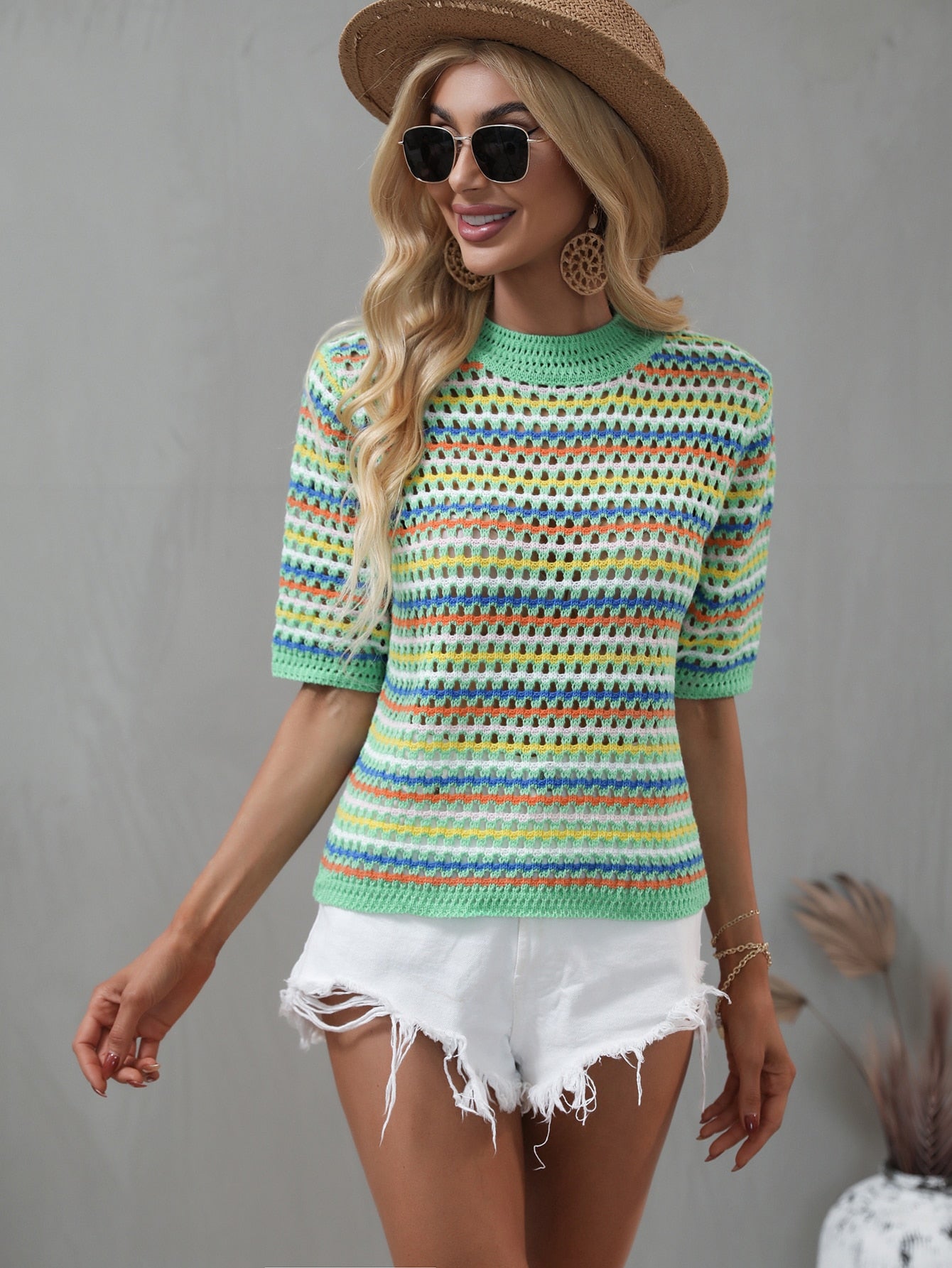 Striped Hollow Knit Sweater