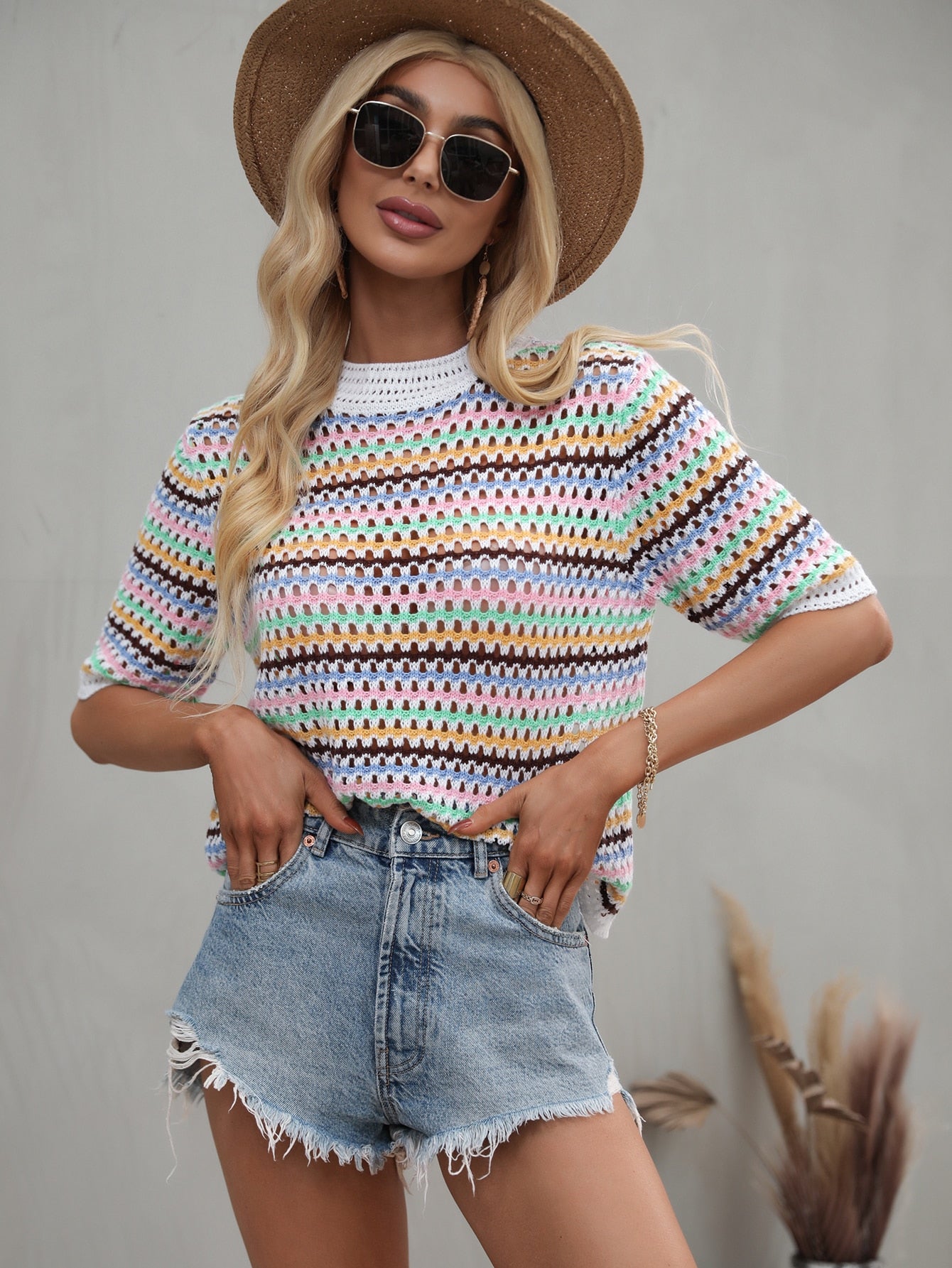 Striped Hollow Knit Sweater