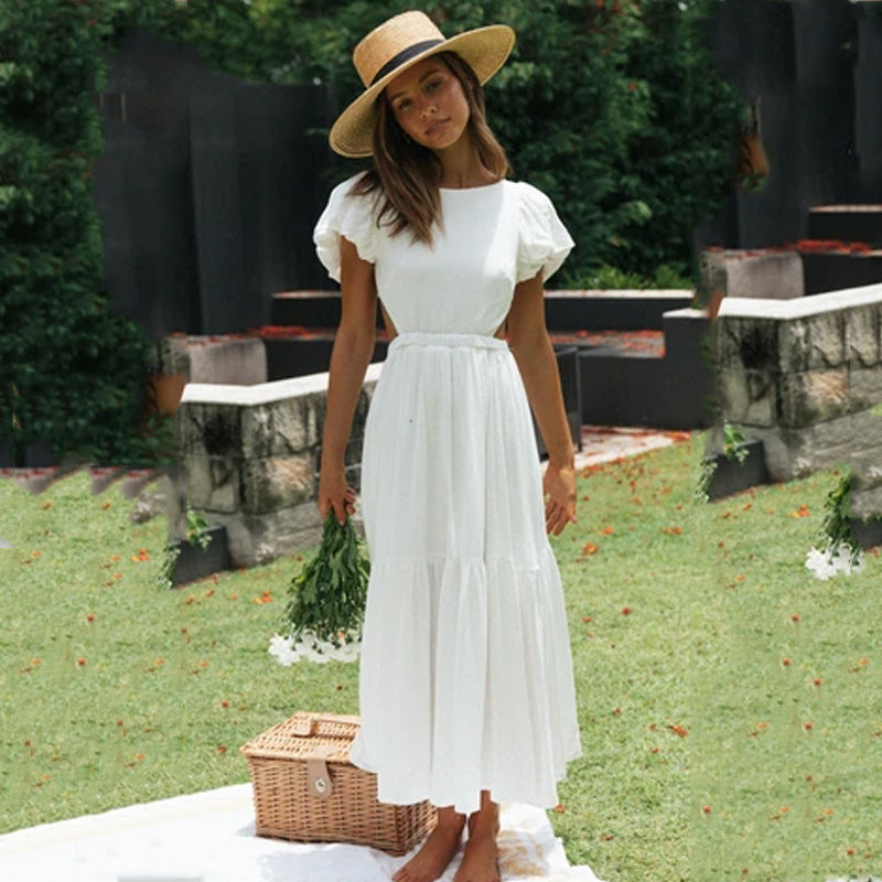 Hollow Out Puff Sleeve Summer Dress