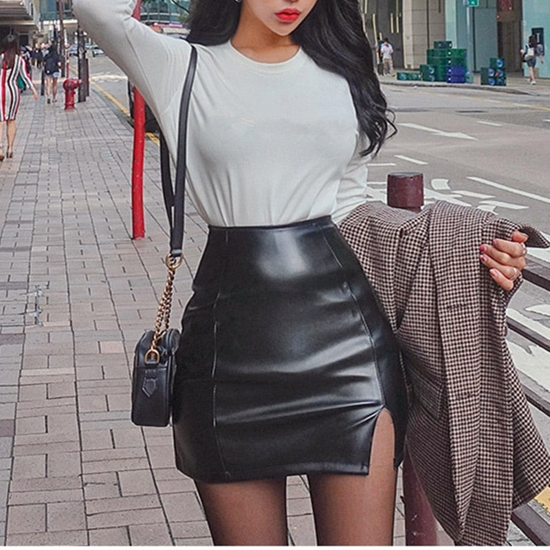 Black Mini PU Leather Skirt