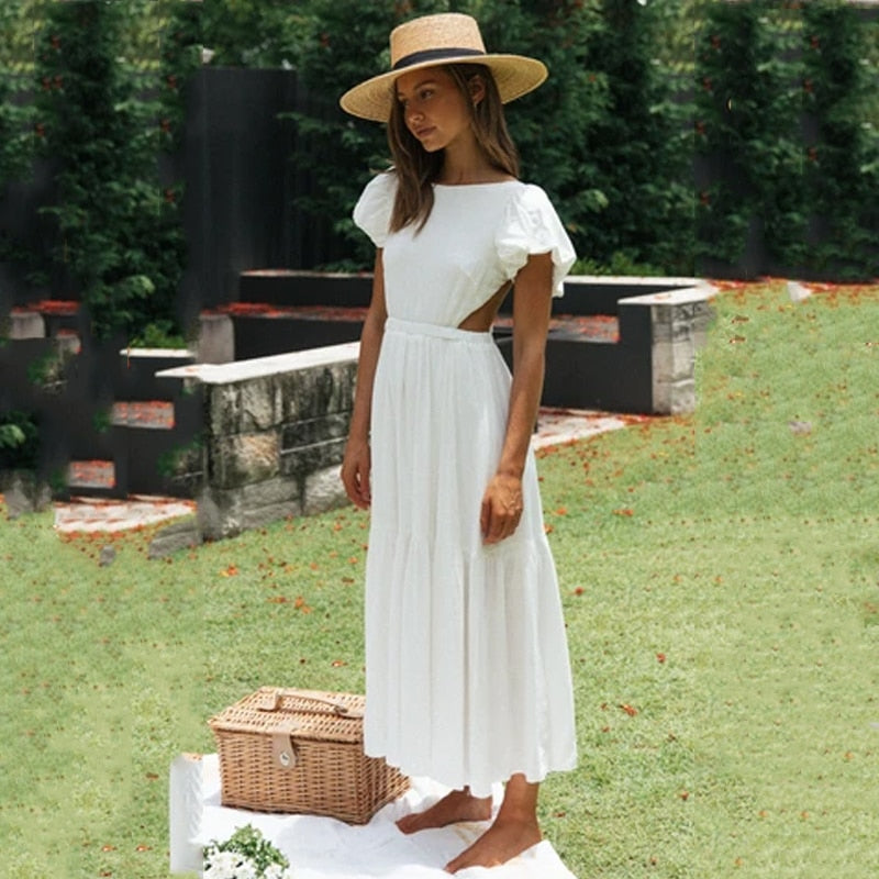 Hollow Out Puff Sleeve Summer Dress