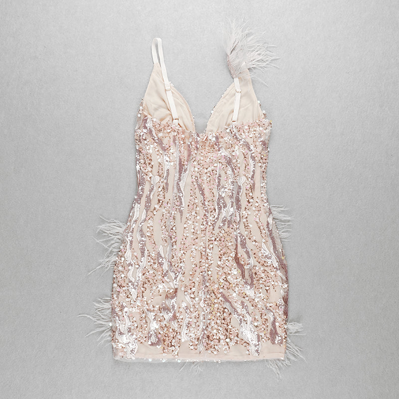 Feather Embroidered Sequin Strap Dress