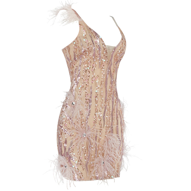 Feather Embroidered Sequin Strap Dress