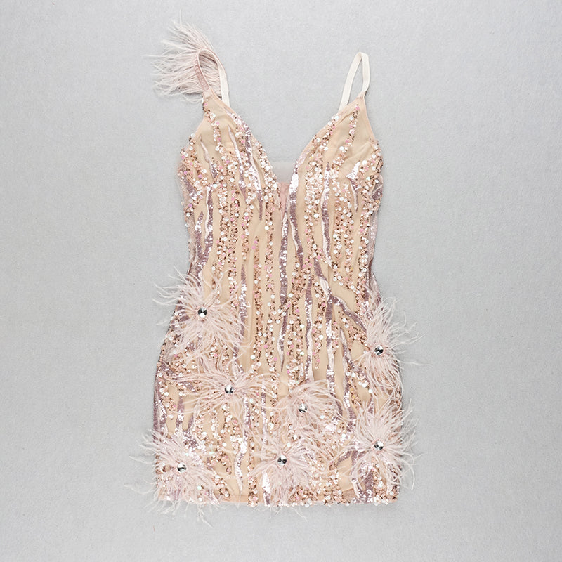 Feather Embroidered Sequin Strap Dress