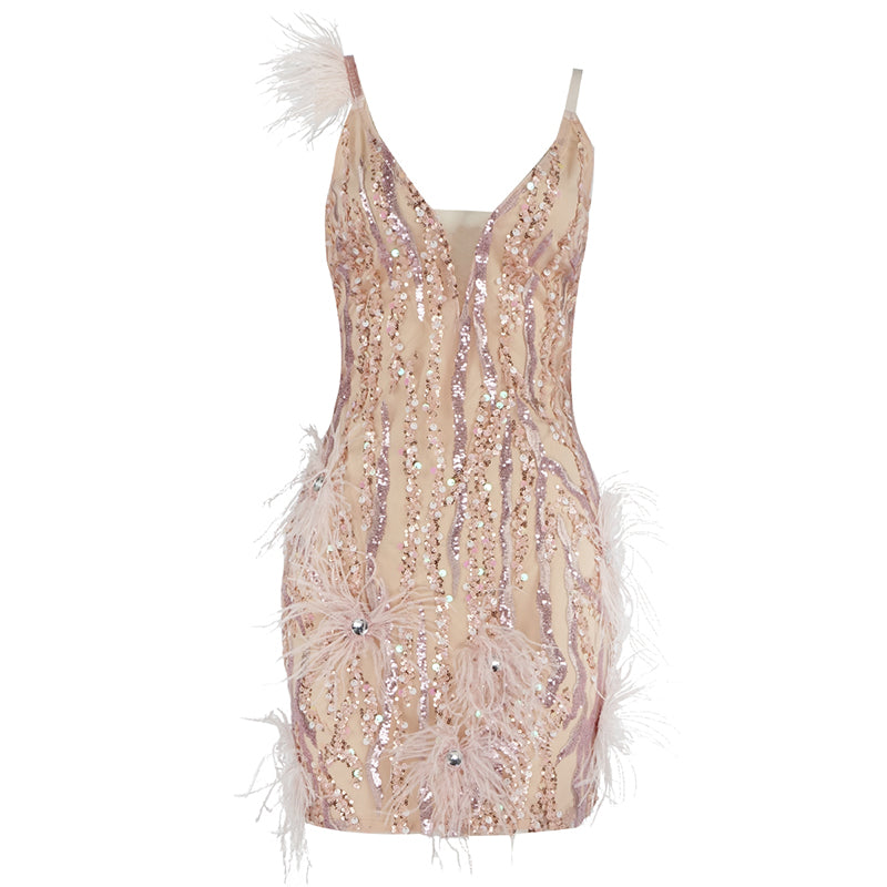 Feather Embroidered Sequin Strap Dress