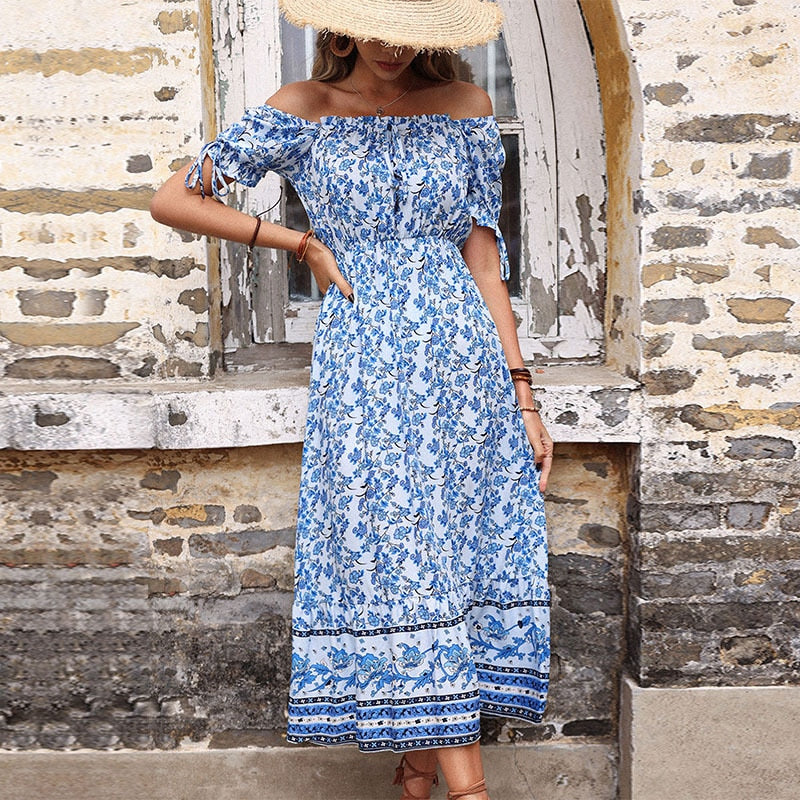 Bari Off Shoulder Flower Print Dresses