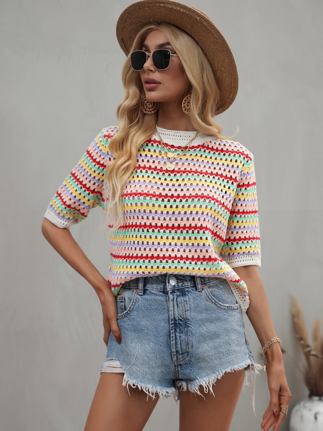 Striped Hollow Knit Sweater