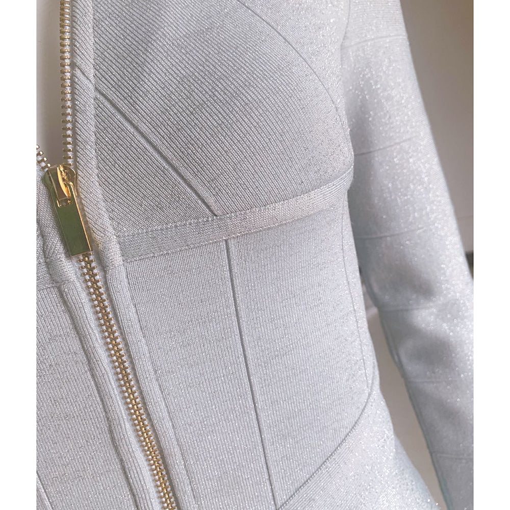 Long Sleeve Zipper Silver Bandage Dress