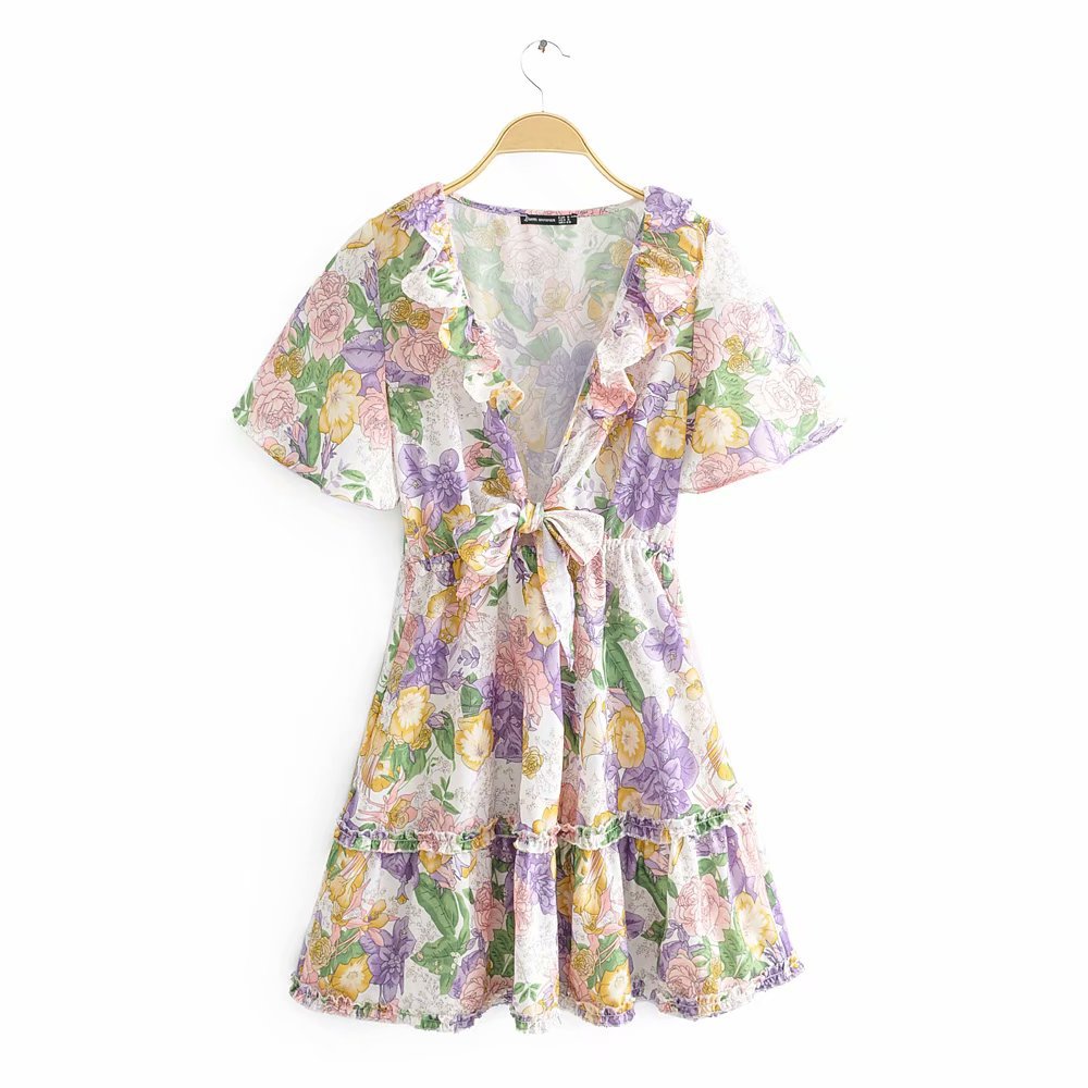 Chiffon Printed Chest Knotted Dress