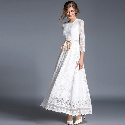 White Lace Dress with Sleeves - A Line Long Dress