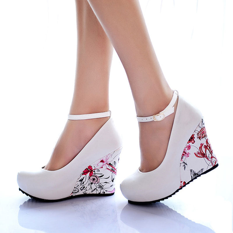 Sgesvier Flower Print Platform Ankle-Strap Wedges