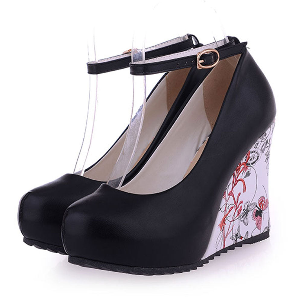 Sgesvier Flower Print Platform Ankle-Strap Wedges