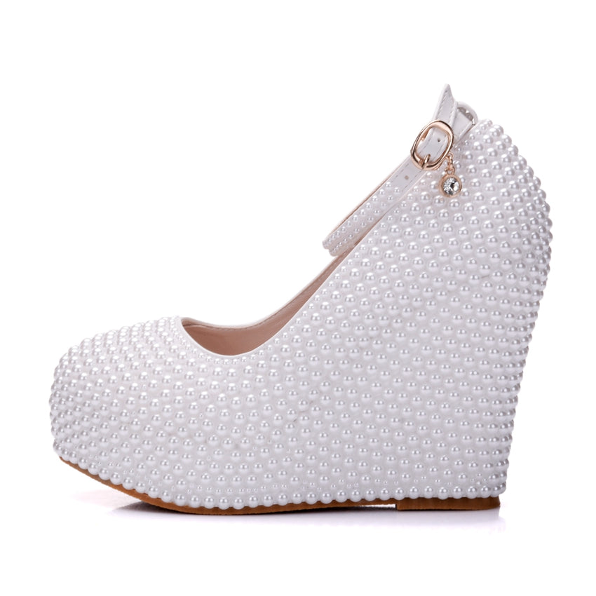 White & Ivory Pearl Rhinestone Platform Wedges