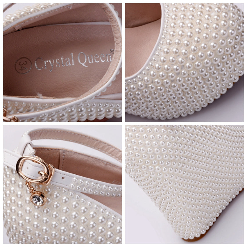 White & Ivory Pearl Rhinestone Platform Wedges