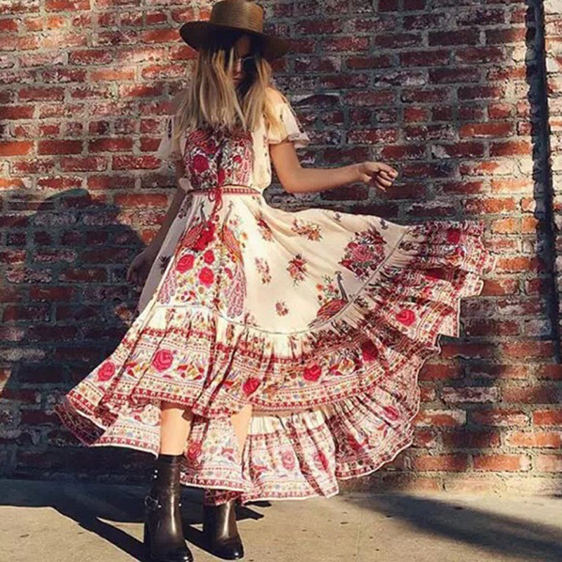 Floral Print Bohemian Off Shoulder Maxi Dress