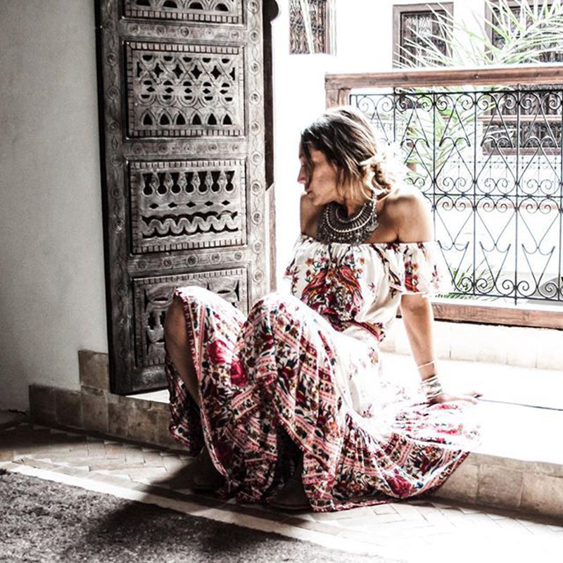 Floral Print Bohemian Off Shoulder Maxi Dress