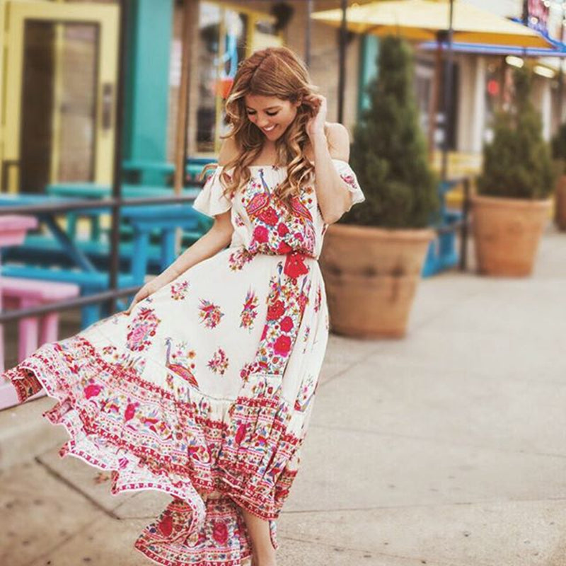 Floral Print Bohemian Off Shoulder Maxi Dress