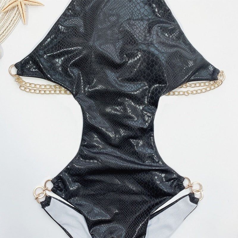 Shiny Snake Print High Neck Swimsuit