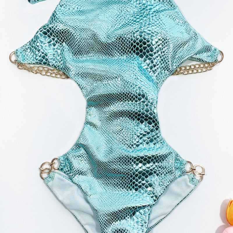 Shiny Snake Print High Neck Swimsuit