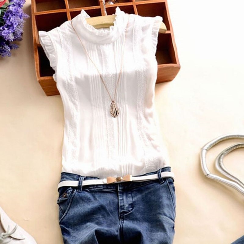 Women Ruffle Stand Collar Top