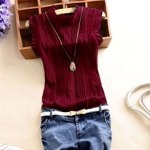 Women Ruffle Stand Collar Top