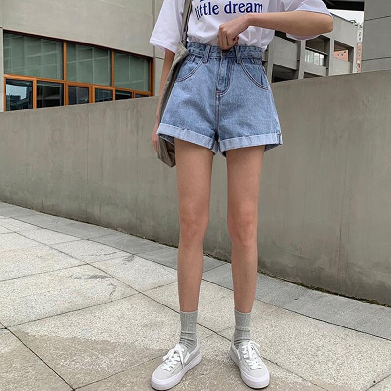 High Elastic Waist Denim Shorts