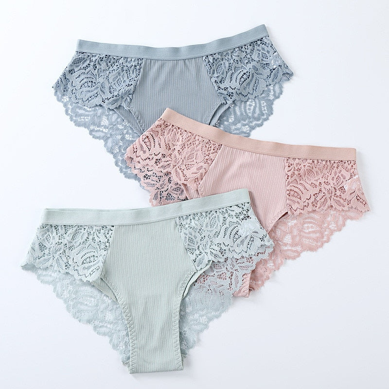 3 Pcs Lace & Cotton Brief Panties