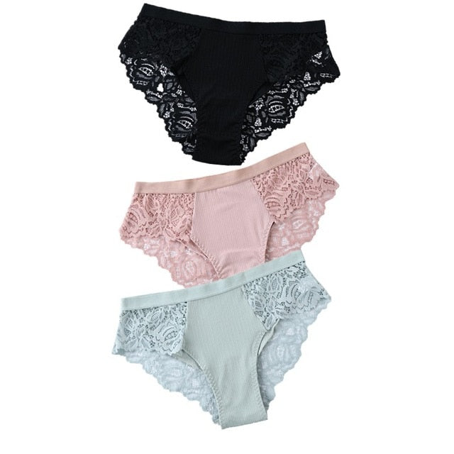 3 Pcs Lace & Cotton Brief Panties