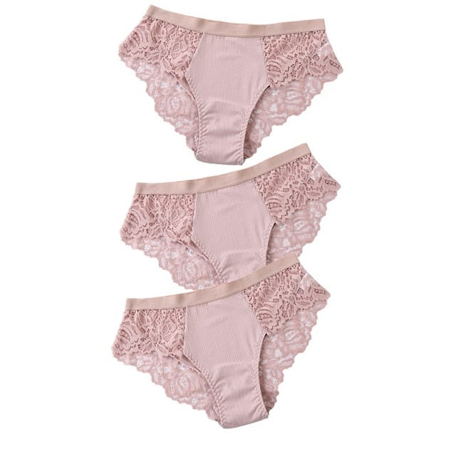 3 Pcs Lace & Cotton Brief Panties