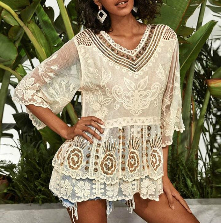 TEELYNN Sequin Embroidery Lace Blouse