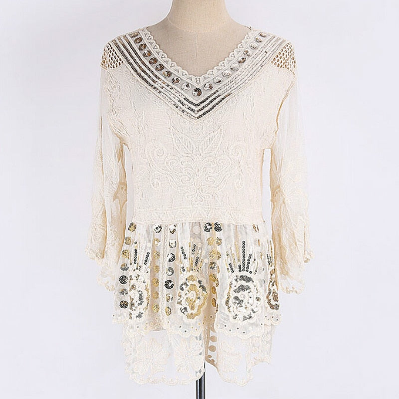 TEELYNN Sequin Embroidery Lace Blouse