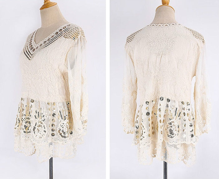 TEELYNN Sequin Embroidery Lace Blouse