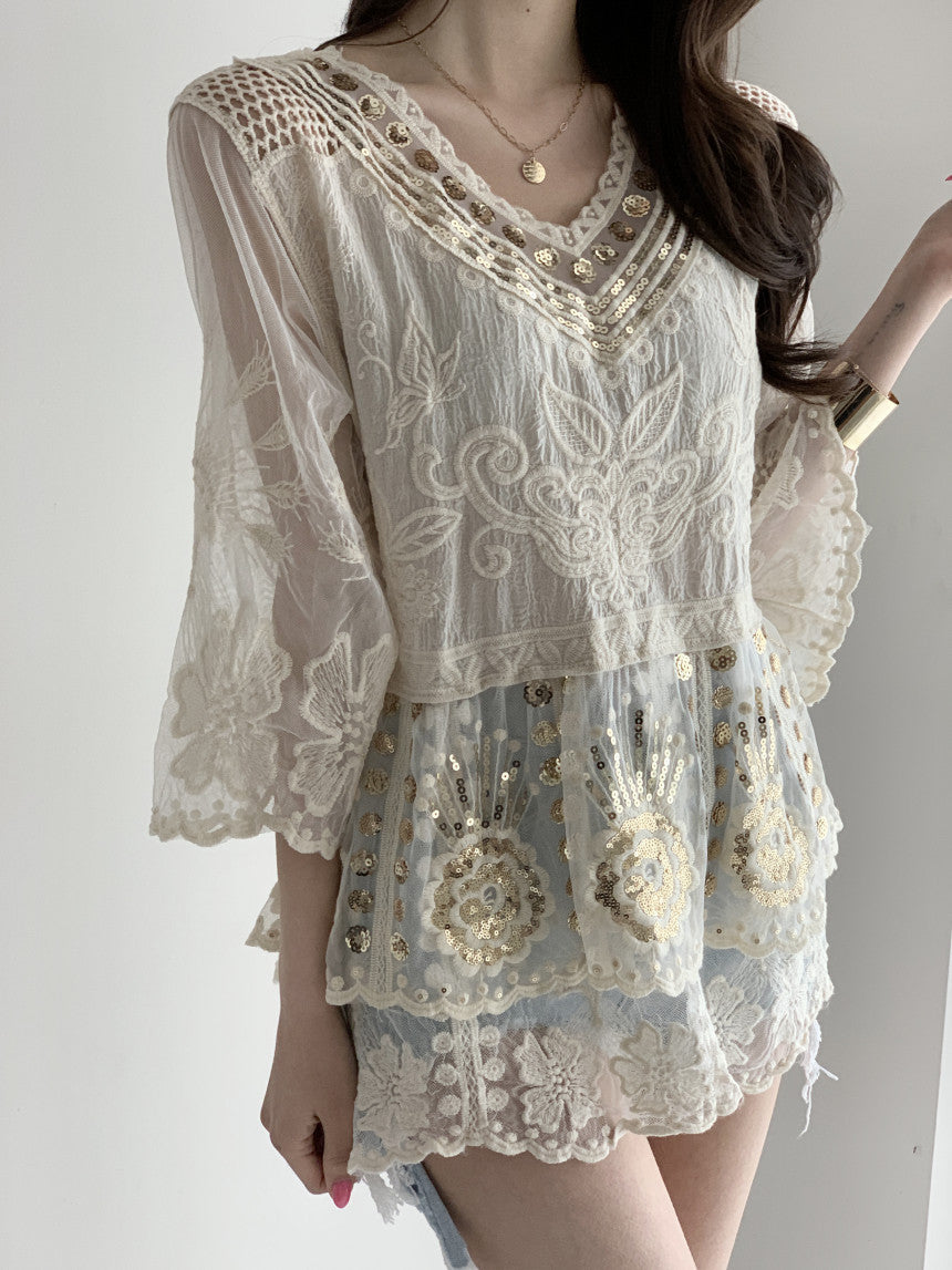 TEELYNN Sequin Embroidery Lace Blouse