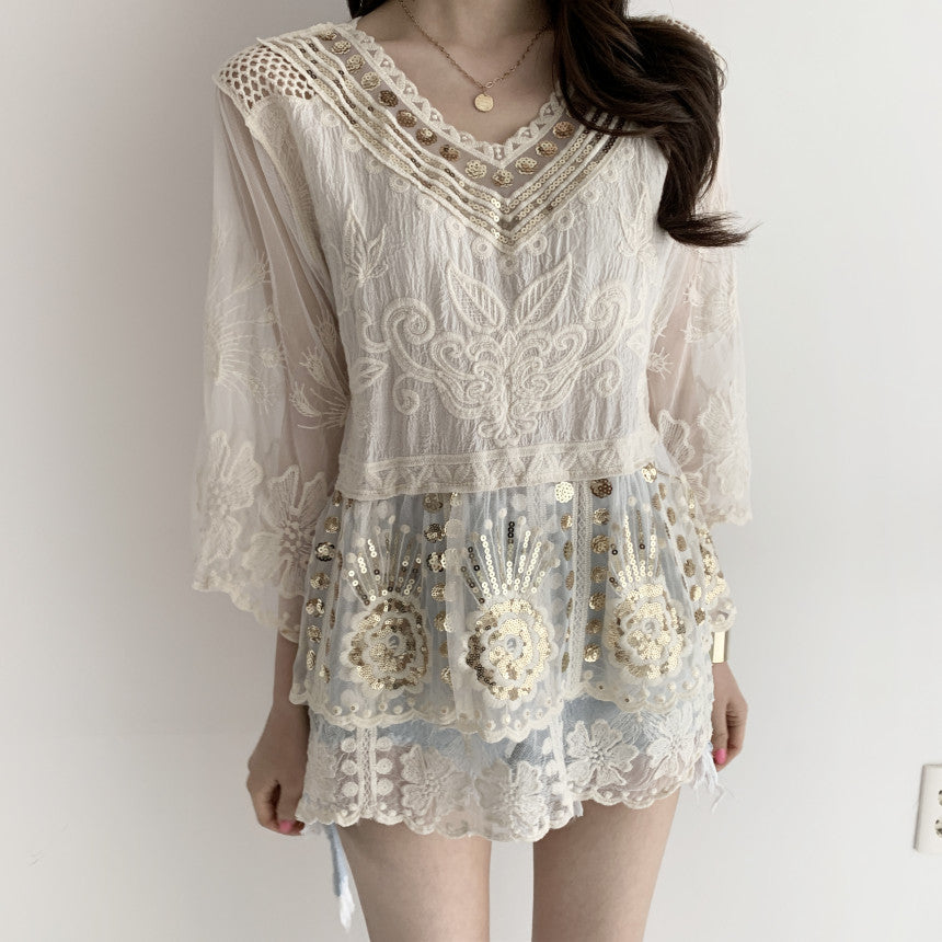 TEELYNN Sequin Embroidery Lace Blouse