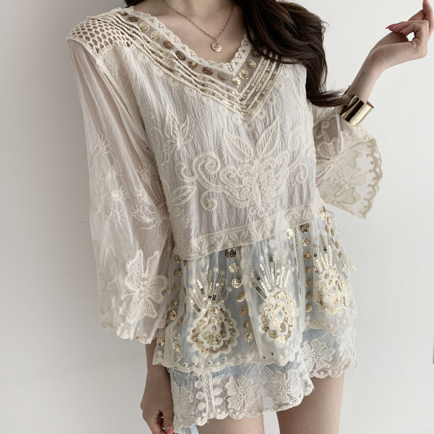 TEELYNN Sequin Embroidery Lace Blouse