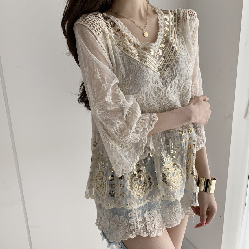 TEELYNN Sequin Embroidery Lace Blouse