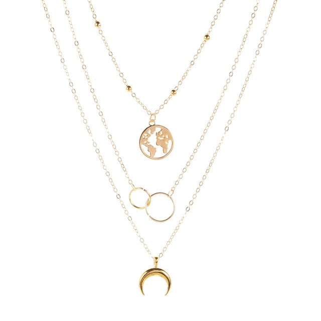 Retro Moon World Map Multilayer Gold Necklace