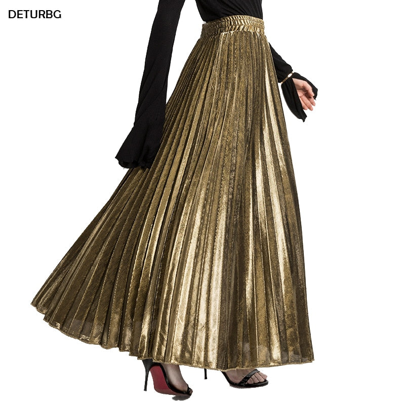 Metallic Pleated Maxi Skirt