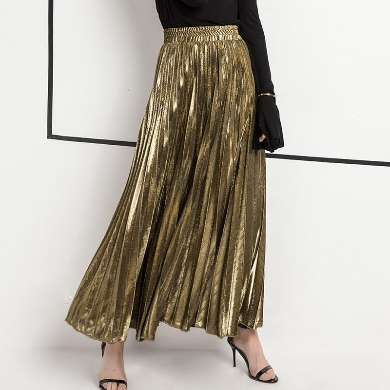 Metallic Pleated Maxi Skirt