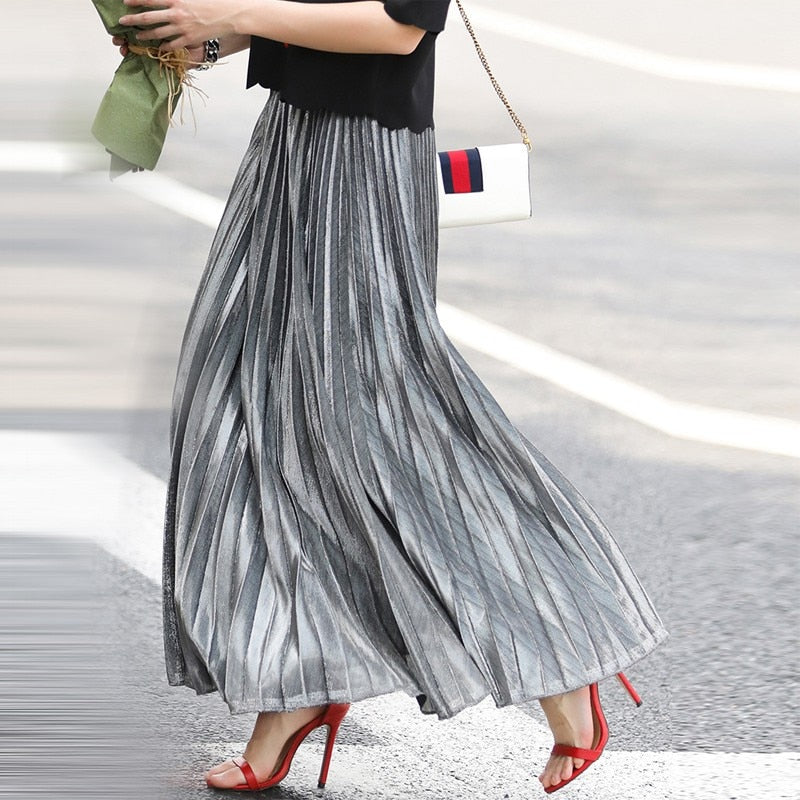 Metallic Pleated Maxi Skirt