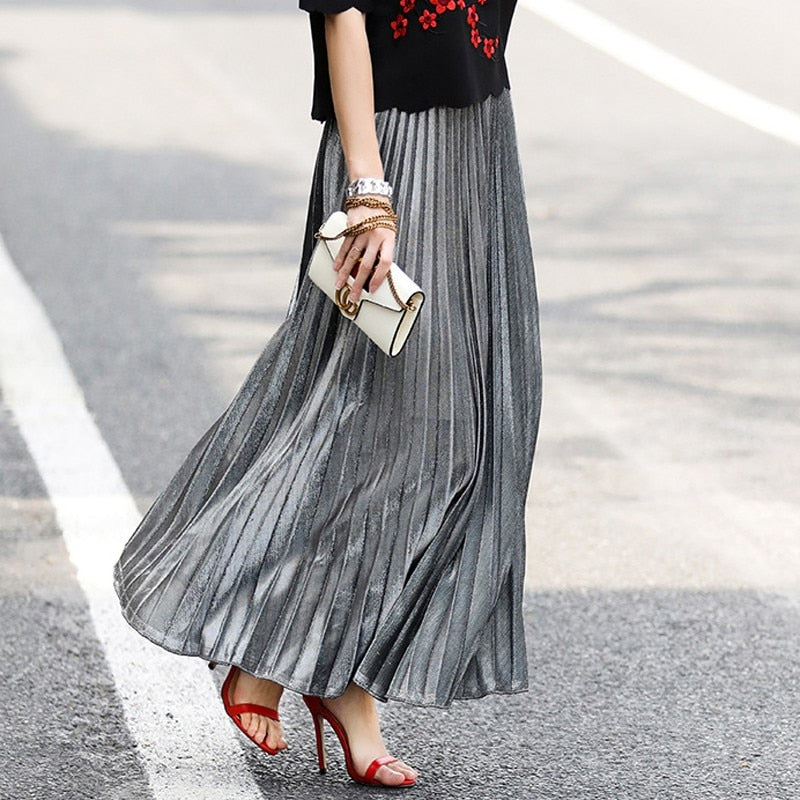 Metallic Pleated Maxi Skirt