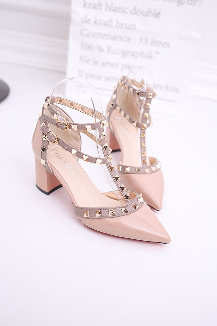 Pointed Patent Leather Rivet Buckle Pumps