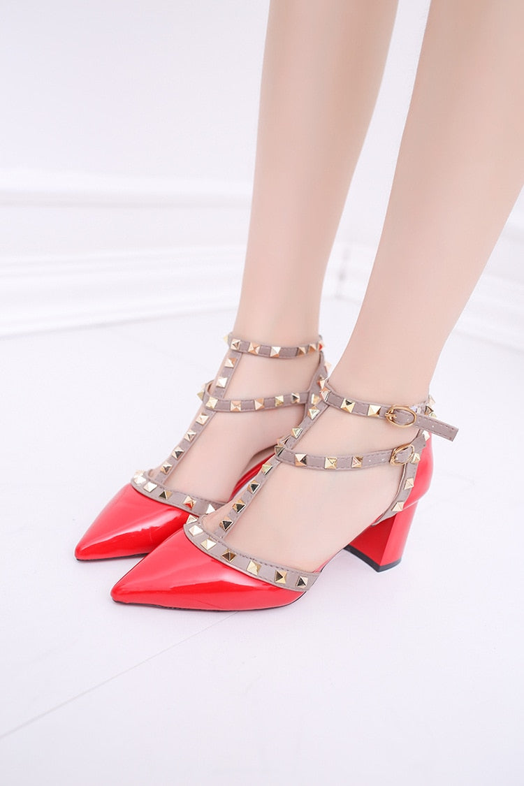 Pointed Patent Leather Rivet Buckle Pumps