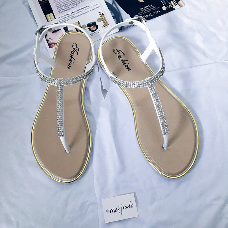 Koovan Rhinestone T-type Strap Roman Sandals