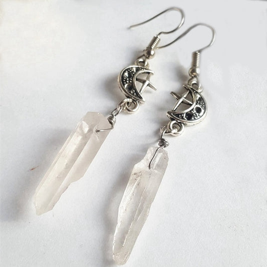 Clear Quartz Moon Earrings - Boho, Witchy, Natural Stones, Gothic